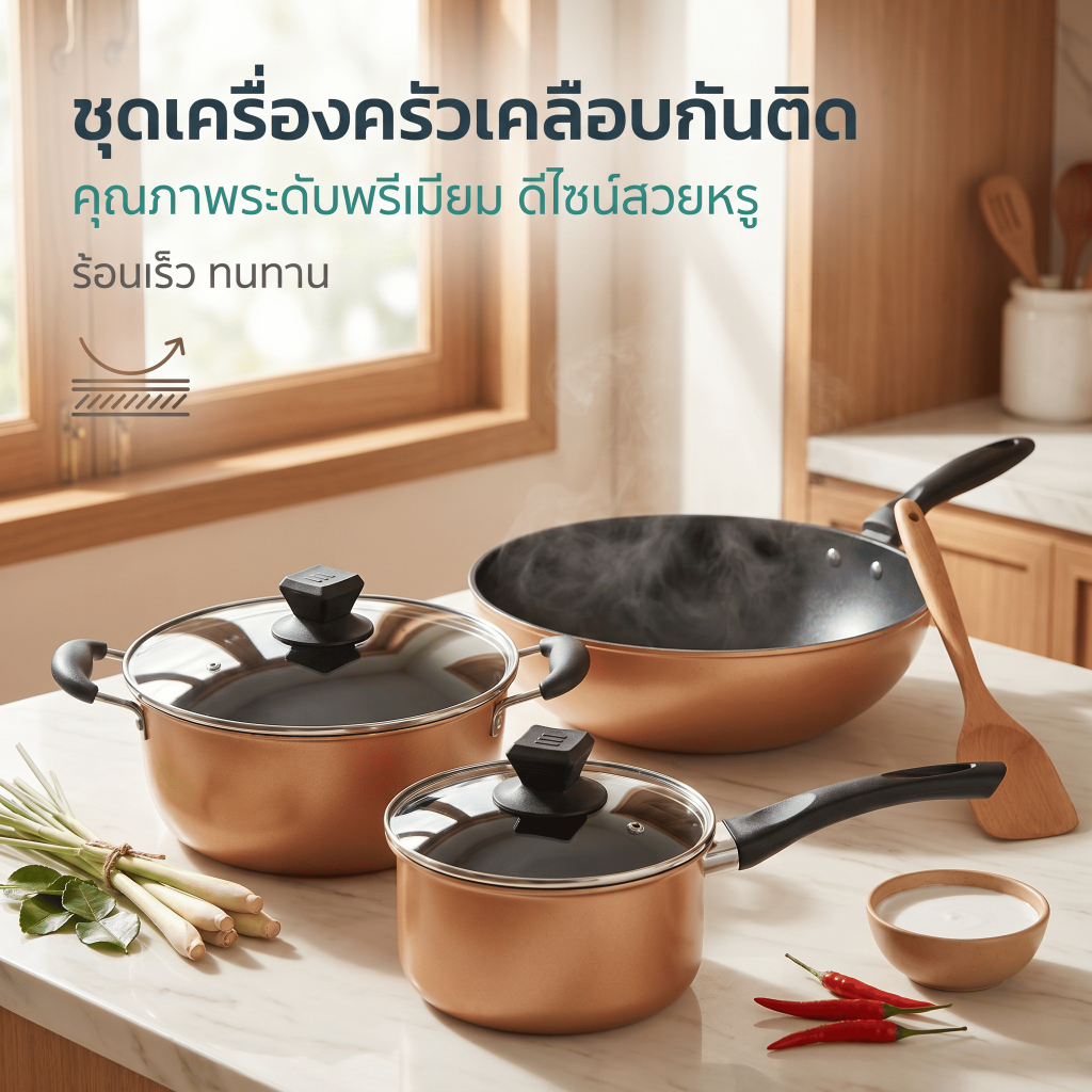 ชุดเครื่องครัวไม่ติดกระทะ 3ชิ้น สีทองแดง มีกระทะ หม้อซุป หม้อนม ใช้ได้กับทุกเตา ครัวเรือนต้องมี