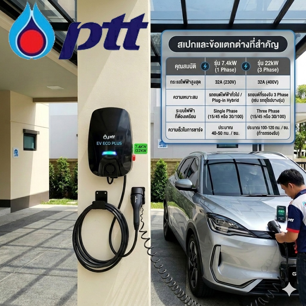PTT EV ECO PLUS 7.4KW /22KW HOME CHARGER ของแท้ มีประกัน!! เครื่องชาร์จรถยนต์ไฟฟ้า ของแท้จาก ปตท3 เฟ