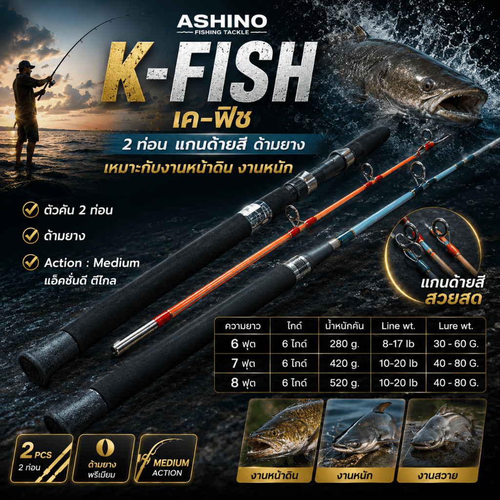 [ ของแท้ ]  คันตัน Ashino K-FISH เค-ฟิช 2 ท่อน แกนด้ายสี ด้ามยาง เหมาะกับงานหน้าดิน งานหนัก Spinning