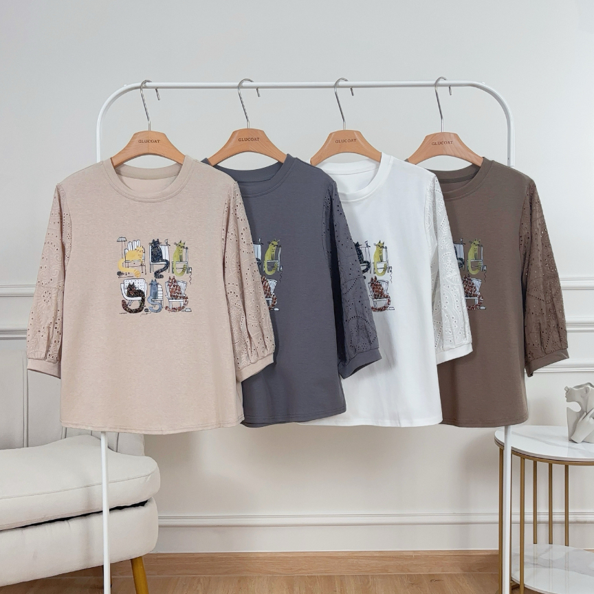 Glucoat | [A411] เสื้อยืดคอกลมสีน้ำตาล/สีครีม/สีเทา/สีขาว แขนยาวแต่งฉลุ แต่งลายน้องแมว