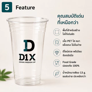 แก้ว PET 16oz D1X ปาก98mm เนื้อหนา แก้วกาแฟ แก้วคาเฟ่ เลือกฝาได้ สำหรับเครื่องดื่มเย็น 100 ใบ