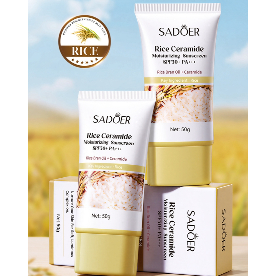 SADOER Rice Ceramide Moisturizing Sunscreen SPF50+ PA+++ ครีมกันแดด (สูตรสารสกัดจากข้าว) ปกป้องผิว ชุ่มชื้น ผิวโกลว์ 50g ราคา ถูกที่สุด ดีลบีเคเค