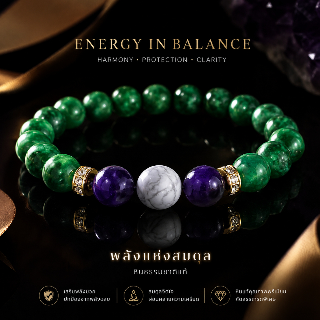 กำไลหินมงคล Green Howlite&White Howlite& Amethyst