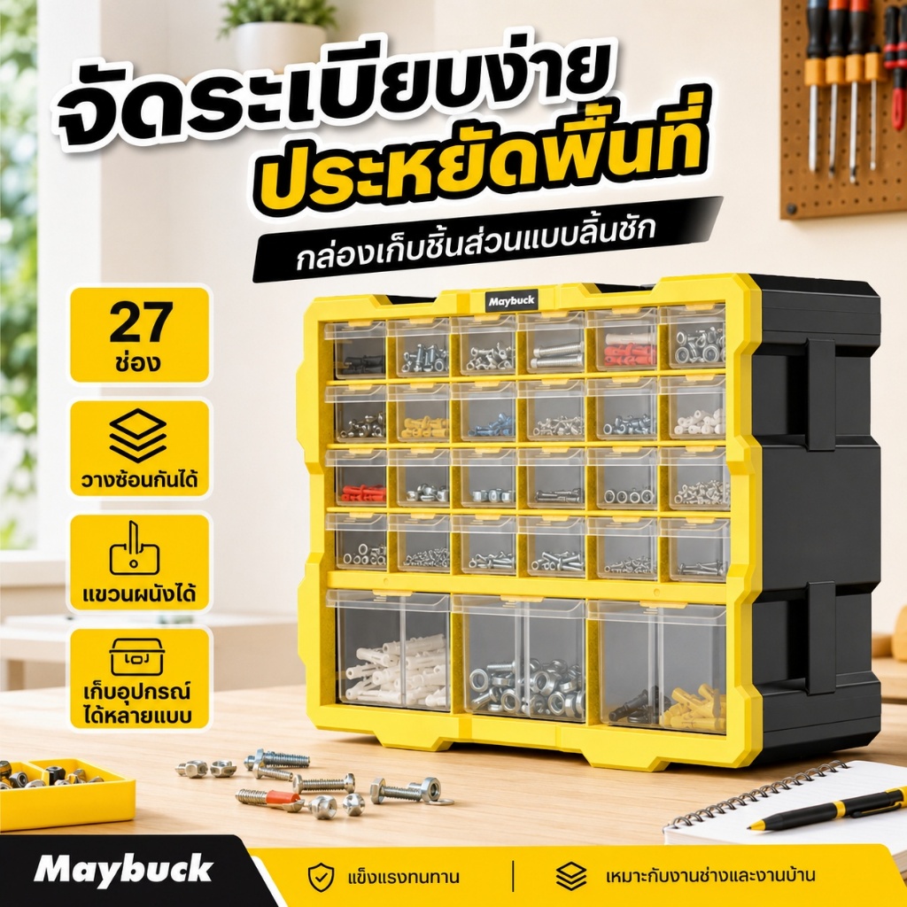 กล่องอะไหล่ลิ้นชัก 27ช่อง กล่องเครื่องมือซ้อนกันได้ แผ่นกั้นถอดได้ แขวนผนังได้ วัสดุPP ทนทาน สำหรับช่าง เก็บง่าย