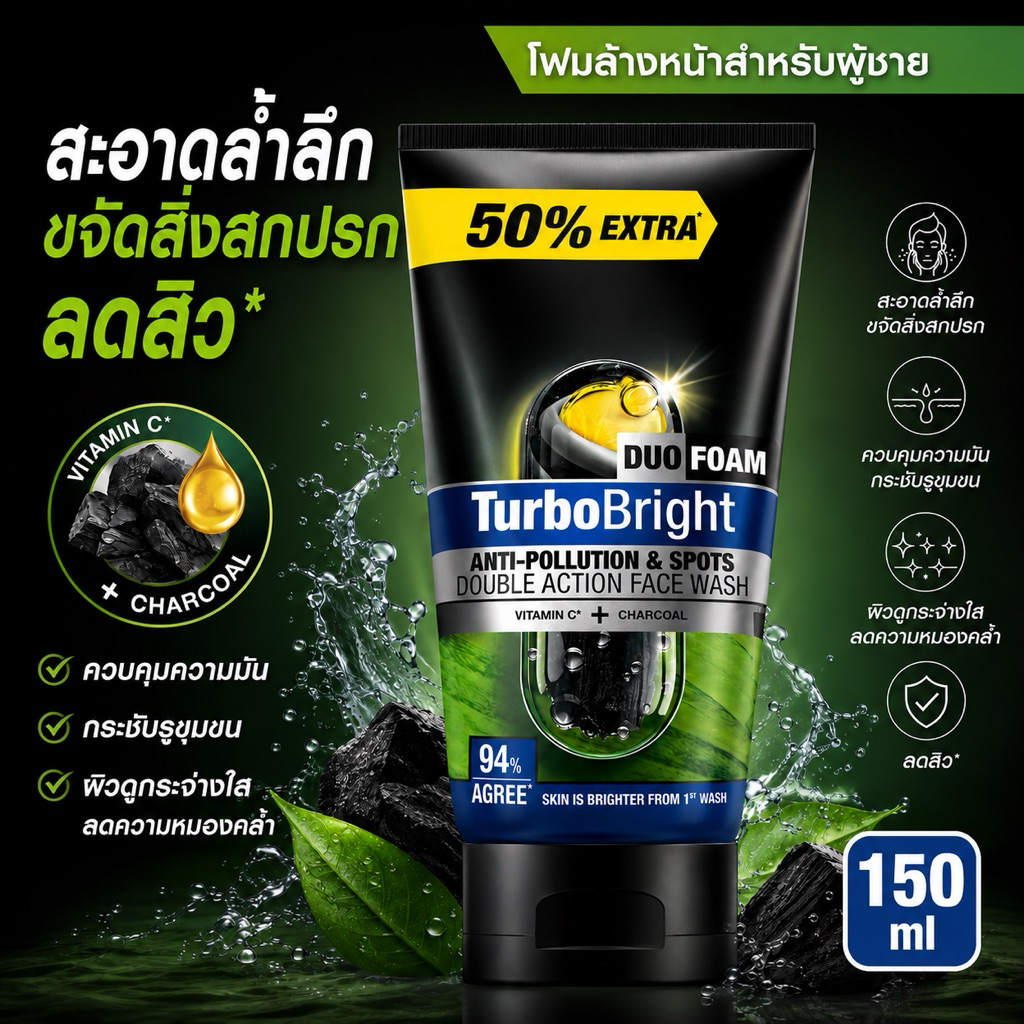 Garnier Men TurboBright โฟมล้างหน้า 150ml สูตรถ่าน + วิตามิน C ลดสิว คุมมัน ผิวใส