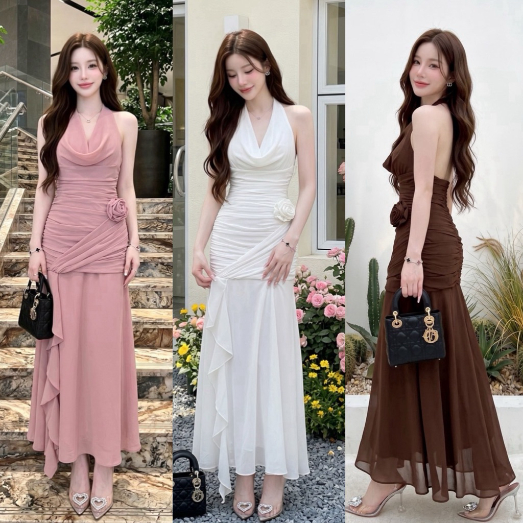 MILA•เดรสยาวออกงาน ดีไซน์คอคล้องเข้ารูปช่วงบน ดอกไม้ผ้าที่เอวถอดแกะได้