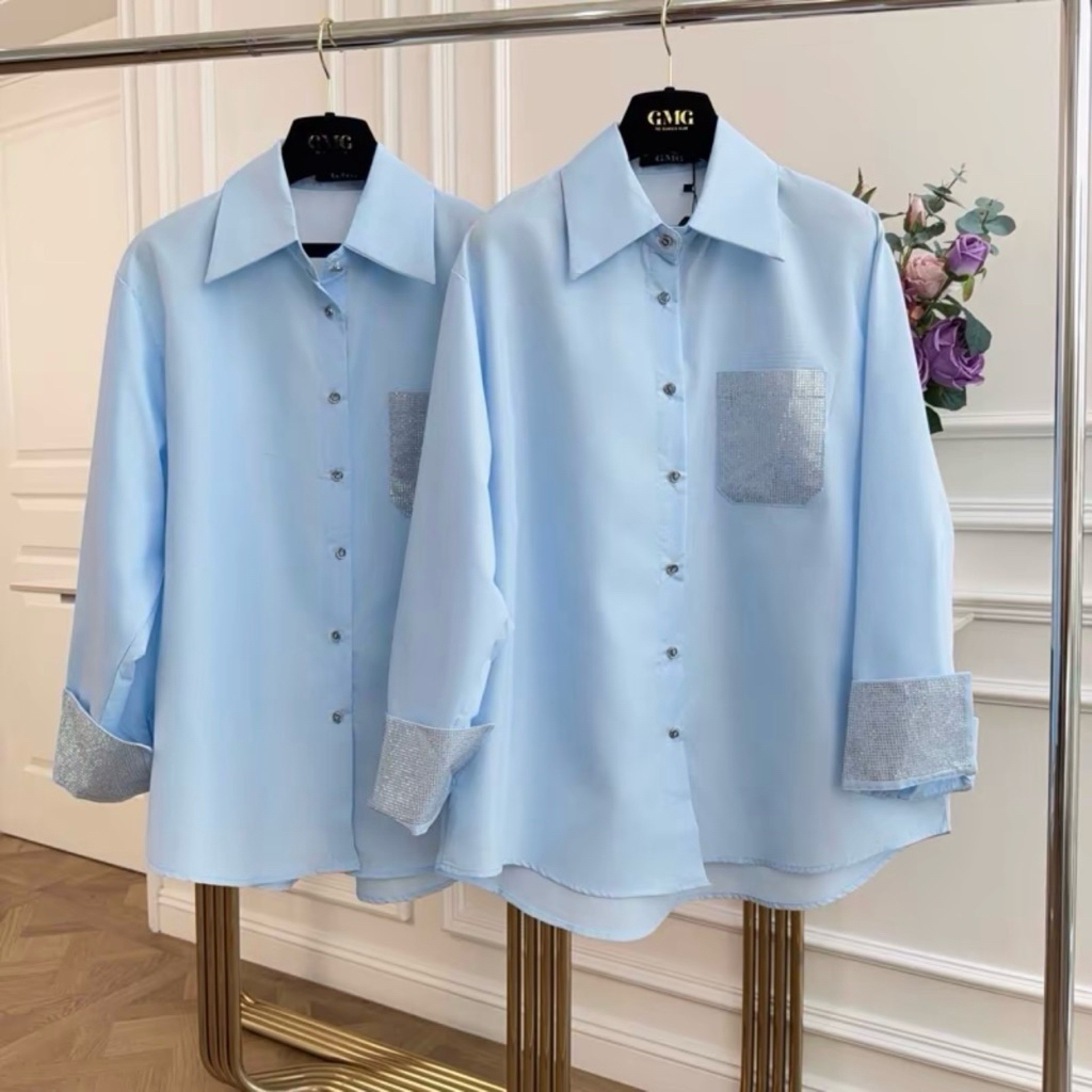 พร้อมส่ง‼️ เสื้อเชิ้ตคอปก ผ้าคอตตอนพรีเมี่ยม ทรง Oversize  แต่งเพชรบริเวณกระเป๋าเสื้อหน้าและปลายแขน