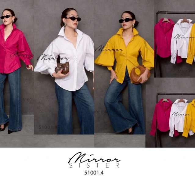 MRS | MIRRORSISTER🔖 51001.4 เสื้อเชิ้ตคอปกที่เล่นดีเทลแขนพองแบบมีวอลลุ่ม