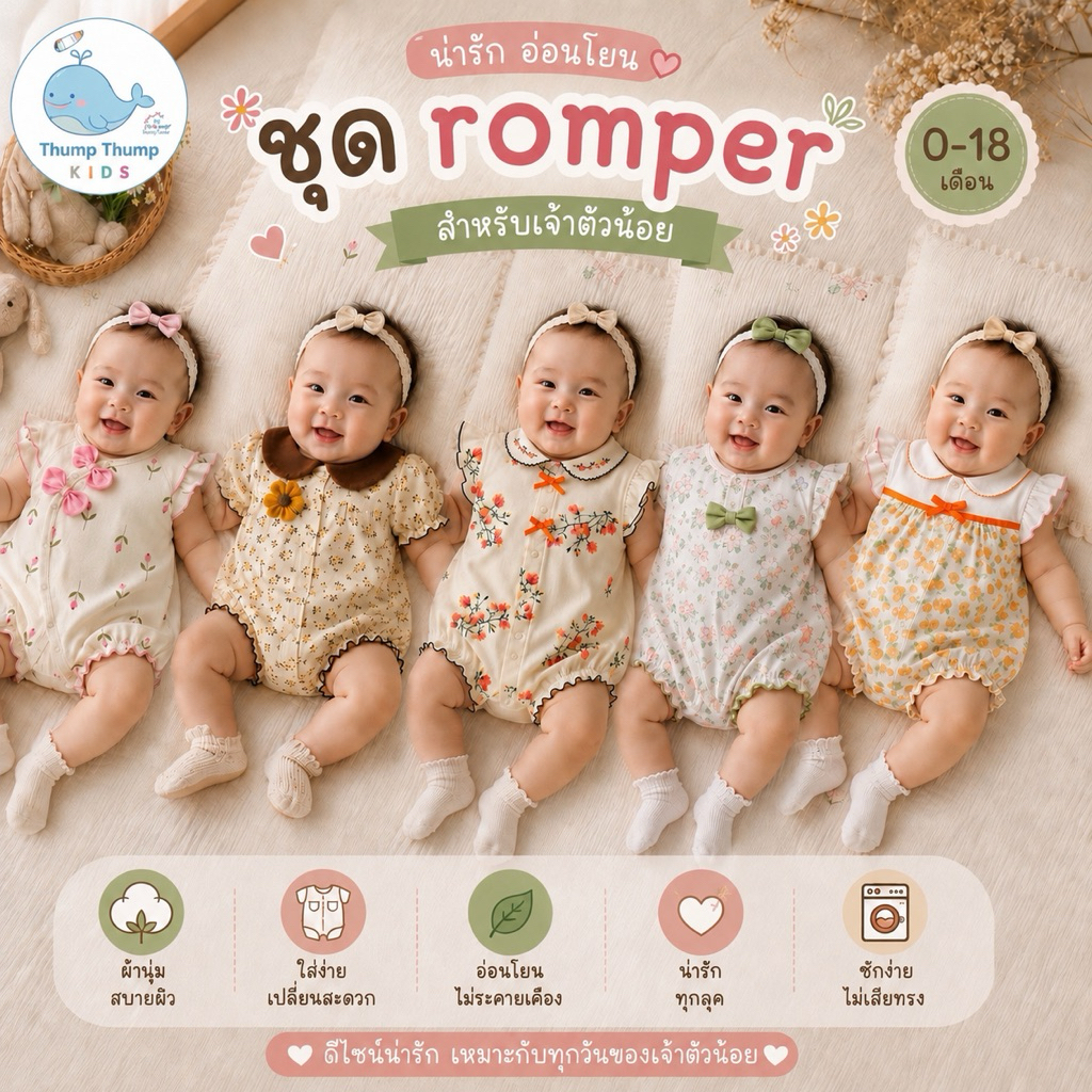 ชุดromper ทารก1 ถึง 18เดือน ผ้า cotton 100% พร้อมส่งจากไทย🇹🇭