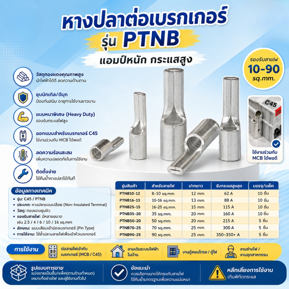 หางปลาเสียบ หางหนู หางปลาเข็มเปลือย Pin Terminal PTN16-13 PTN25-15 PTN35-20 PTN50-20 PTN70-25 5/10ชิ้น
