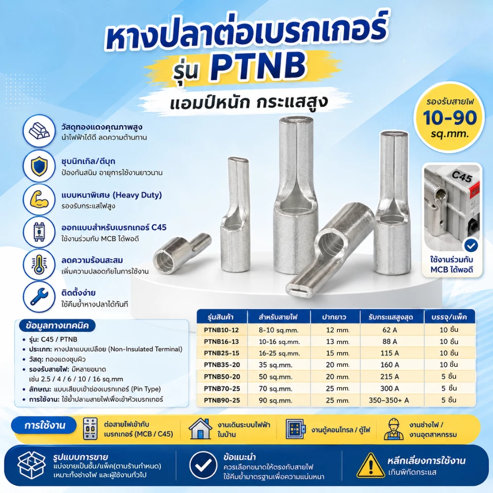 หางปลาเสียบ หางหนู หางปลาเข็มเปลือย Pin Terminal PTN16-13 PTN25-15 PTN35-20 PTN50-20 PTN70-25 5/10ชิ้น