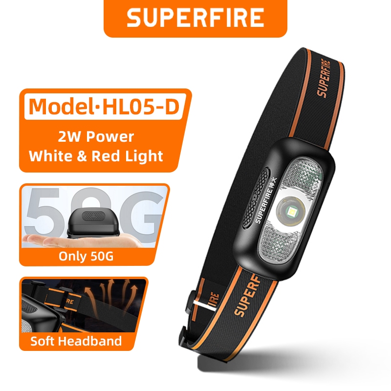 SUPERFIRE HL05-D 2W ไฟหัว LED กันน้ำ USB รีชาร์จได้ แคมป์ปิ้ง กลางแจ้ง ขายส่ง