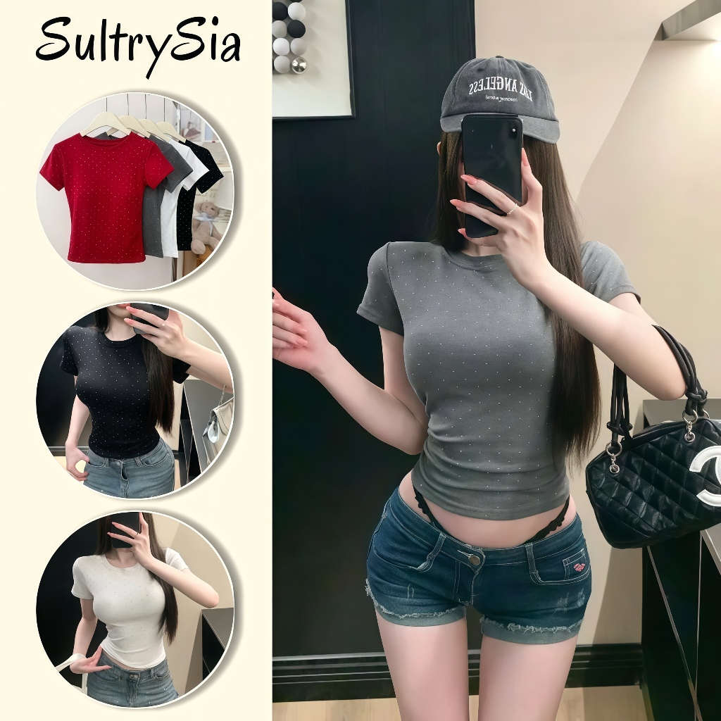 SultrySia เสื้อยืดคอกลมแฟชั่นผู้หญิง แขนสั้น รายละเอียดเพชรเล็ก ผ้ายืดเข้ารูป ทรงดีเข้ารูป สีพื้น-FY8738