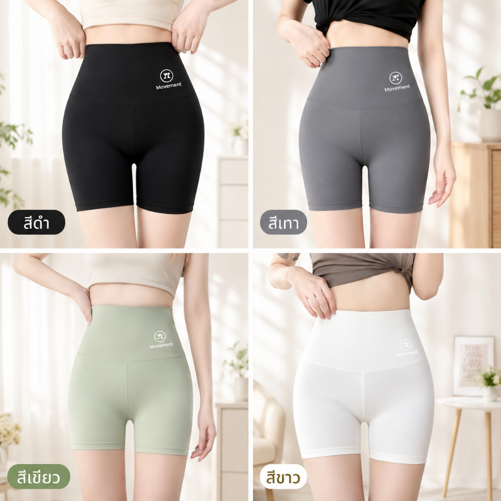 กางเกงขาสั้นเอวสูง รองรับทุกสรีระ ผ้ายืดหยุ่นสูง ใส่กระชับ สบาย เคลื่อนไหวได้คล่อง เนื้อผ้ายืดหยุ่นดี กระชับสบาย