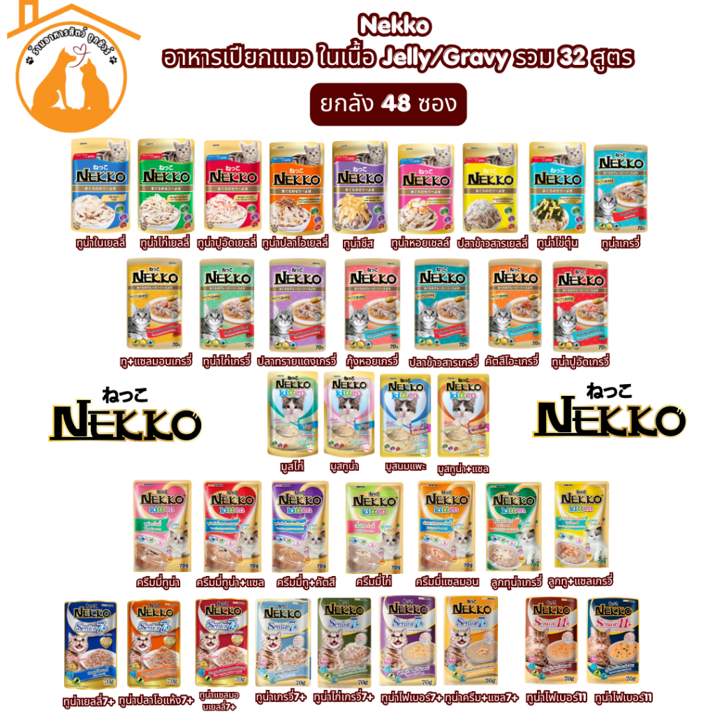 [ยกลัง/70gx48ซอง]ถูกที่สุด!! Nekko อาหารเปียกแมว ในเนื้อ Jelly/Gravy รวม 32 สูตร