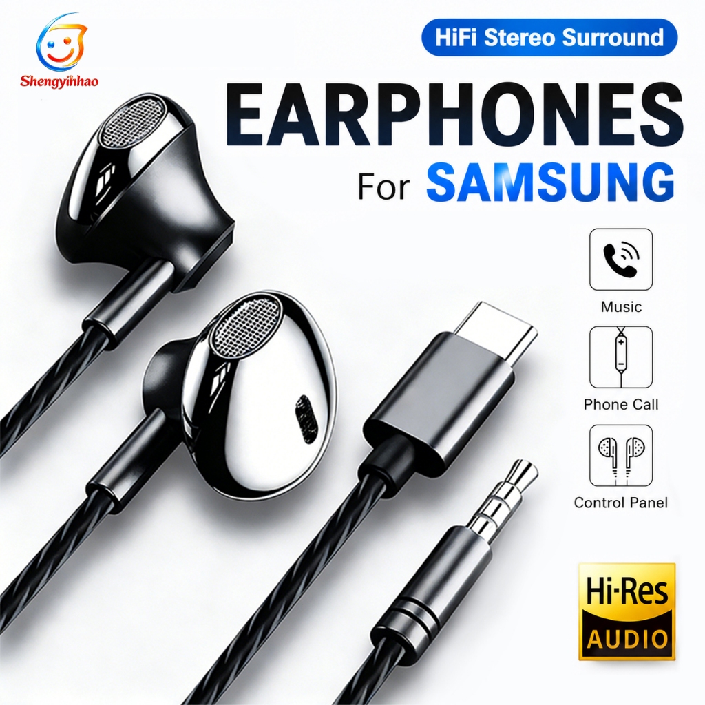 9D สำหรับ type-C ทั้งหมด USB wired earphones หูฟังไฮไฟเบสสเตอริโอควบคุมระดับเสียงไมค์3.5มิลลิเมตรส Samsung galaxy S24 23