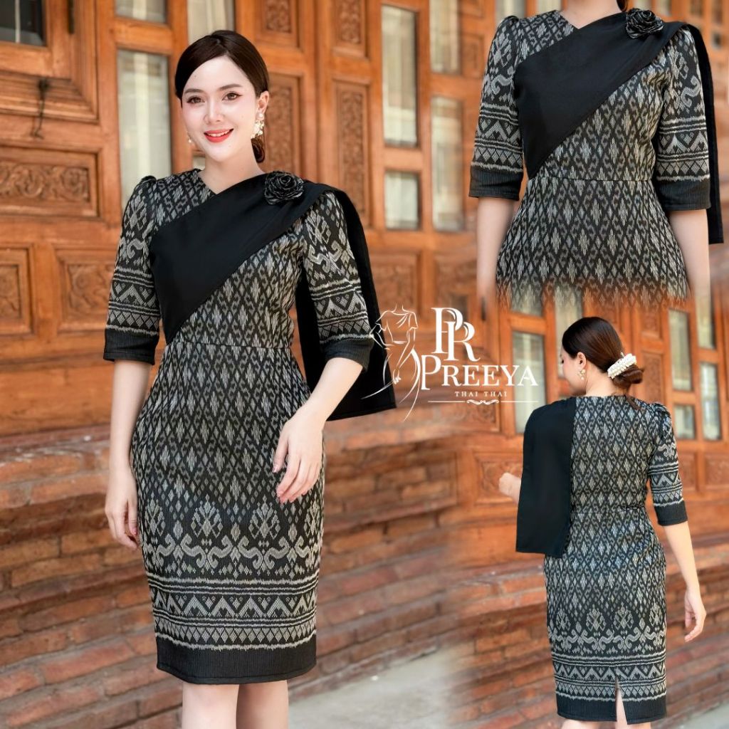 PR183 เดรสผ้าฝ้ายทอลาย ยกแขน อัดกาวทั้งชุด  แบรนด์ preeya มีไซส์S-4XL ชุดไทย