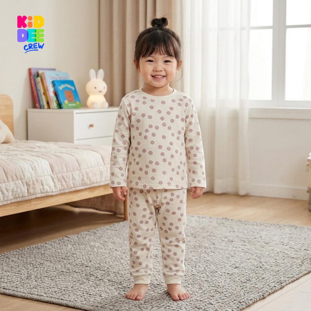 KiddeeCrew ชุดนอนเด็ก สีครีมดอกไม้ขาว ใหม่  เหมาะสำหรับอายุ 1-12 ปี