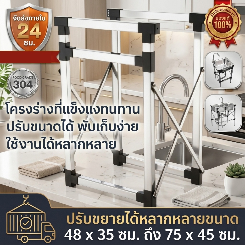 ขาตั้งอ่างล้างจานพับได้ สแตนเลส แข็งแรง ทนทาน ติดตั้งง่าย ไม่ต้องเจาะผนัง ประหยัดพื้นที่