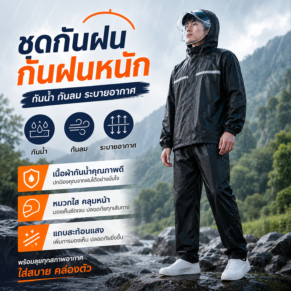 ชุดกันฝน เสื้อกันฝน หนาขึ้น ชุดกันฝน มีแถบสะท้อนแสง ชุดกันฝนกันน้ำ เสื้อกันฝนมอเตอร์ไซค์