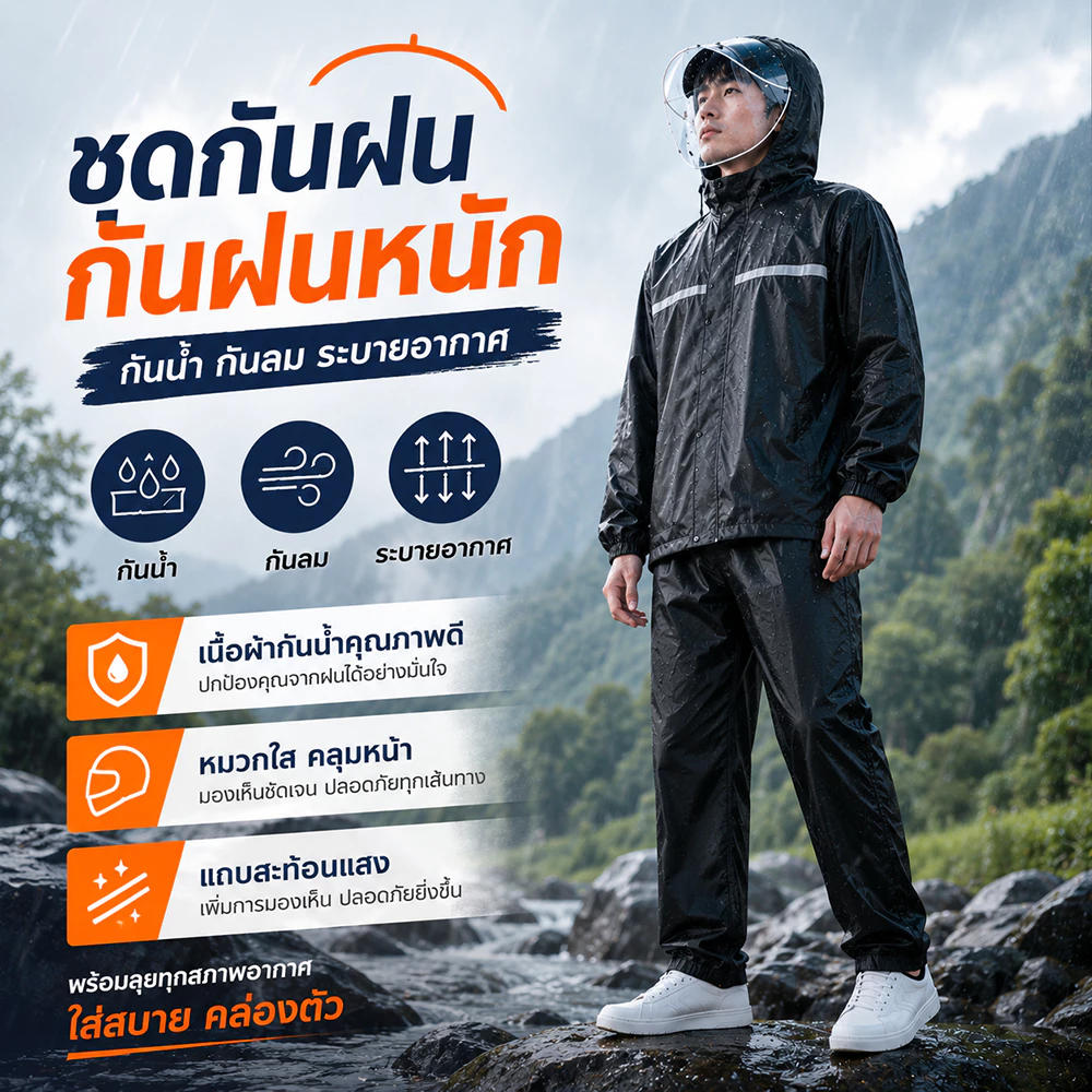 ชุดกันฝน เสื้อกันฝน หนาขึ้น ชุดกันฝน มีแถบสะท้อนแสง ชุดกันฝนกันน้ำ เสื้อกันฝนมอเตอร์ไซค์