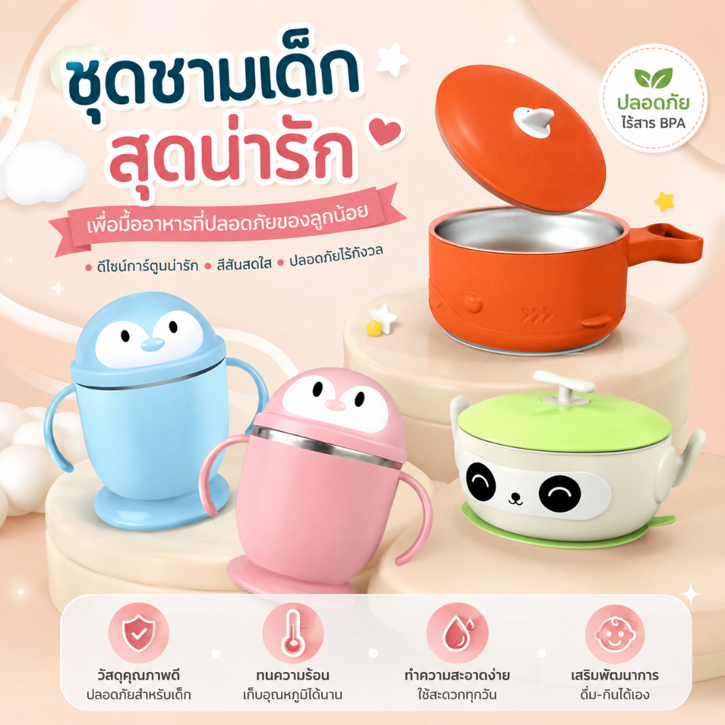 KJ🌻ถ้วยสแตนเลส ลายการ์ตูน  ชามข้าวเด็กน่ารักชามข้าวสแตนเลสสําหรับเด็ก Double-Layer ฉนวนกันความร้อน มีให้เลือกหลายแบบ🌻