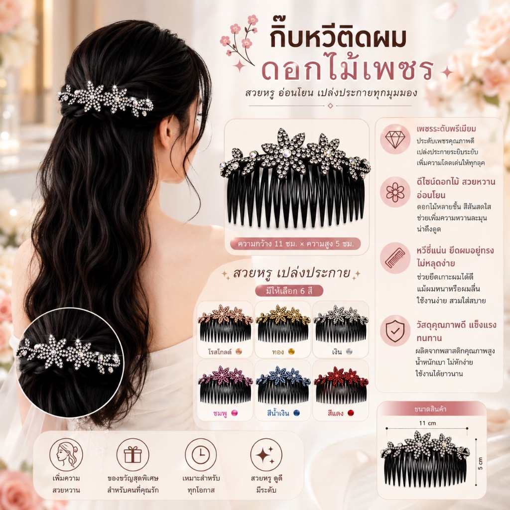 หวีเสียบผม คริสตัลดอกไม้พรีเมียม ดีไซน์เรียบหรูดูแพง เพิ่มเสน่ห์ให้ทรงผมสวยละมุน รหัส hair comb-05