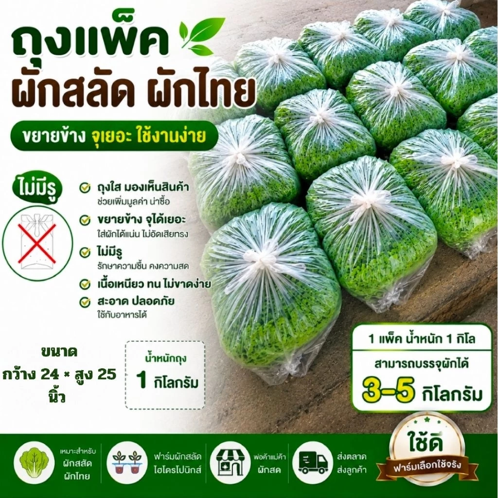 ถุงใส่ผัก พลาสติกเหนียว ใส่ผักได้ 3-5 ก.ก. แพ๊คละ 1 กิโลกรัม ขยายข้าง 24×25 นิ้ว ถุงพลาสติกบางสำหรับบรรจุผักสลัดได้