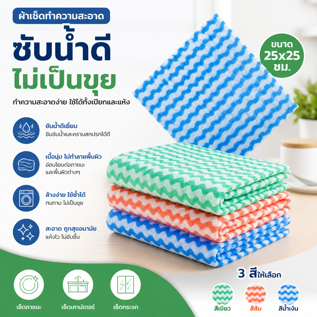 ผ้าเช็ดบ้านคอรัลนุ่ม ไม่ติดน้ำมัน ซับน้ำไว ล้างง่าย ใช้เช็ดครัว จาน ชาม เฟอร์นิเจอร์ ได้หมด