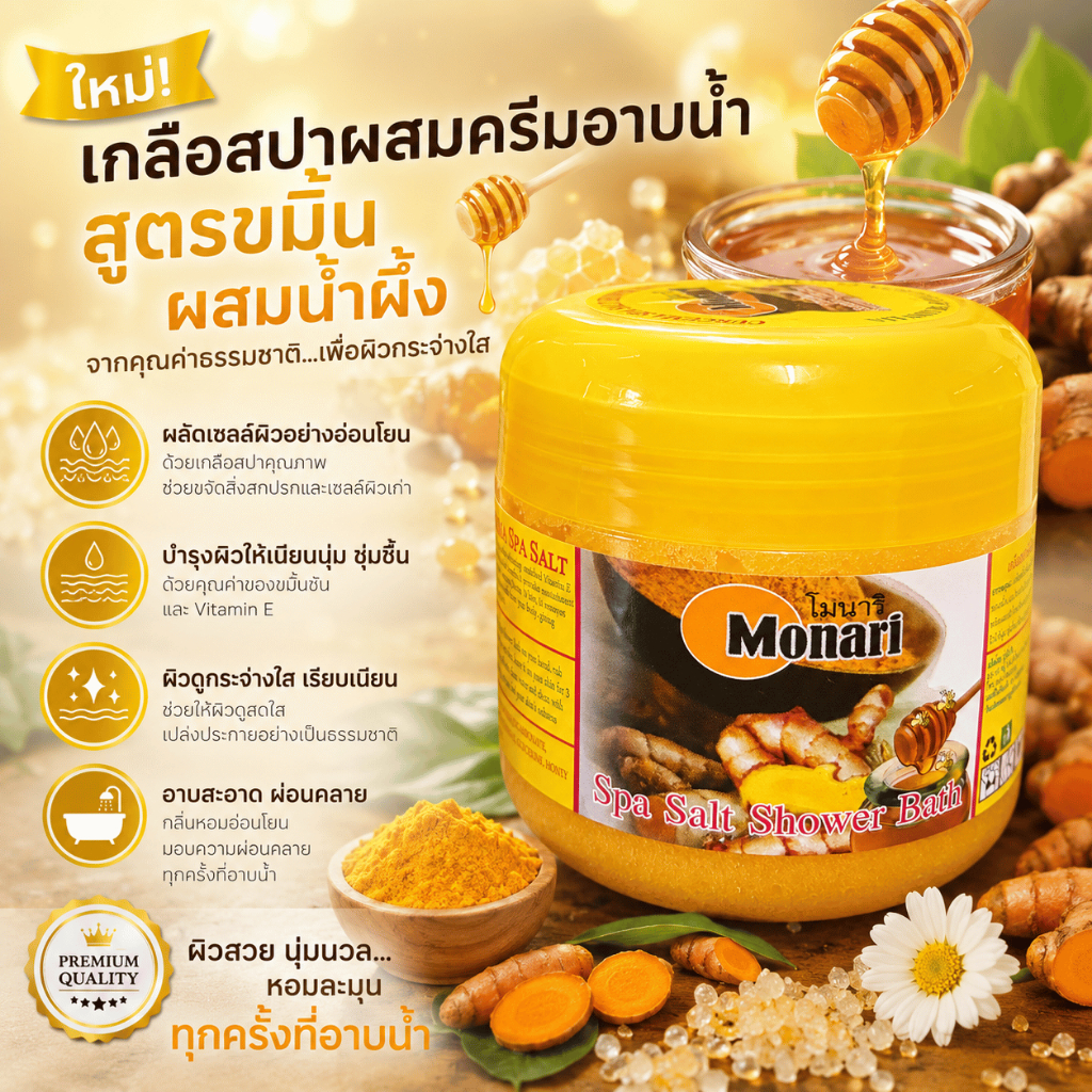 เกลือสปา โมนาริ ผสมขมิ้นและน้ำผึ้ง ขนาด800กรัม