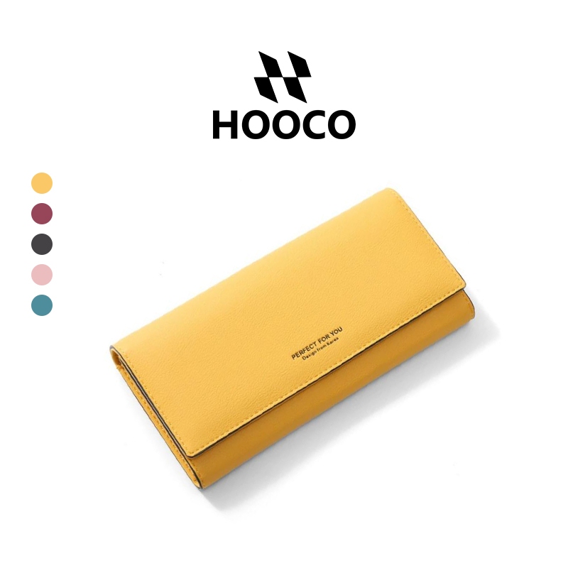 HOOCO กระเป๋าสตางค์ผู้หญิง กระเป๋าสตางค์ผู้หญิงใบยาว กระเป๋าสตางค์พับสาม เรียบง่าย มีซิป คุณภาพดี