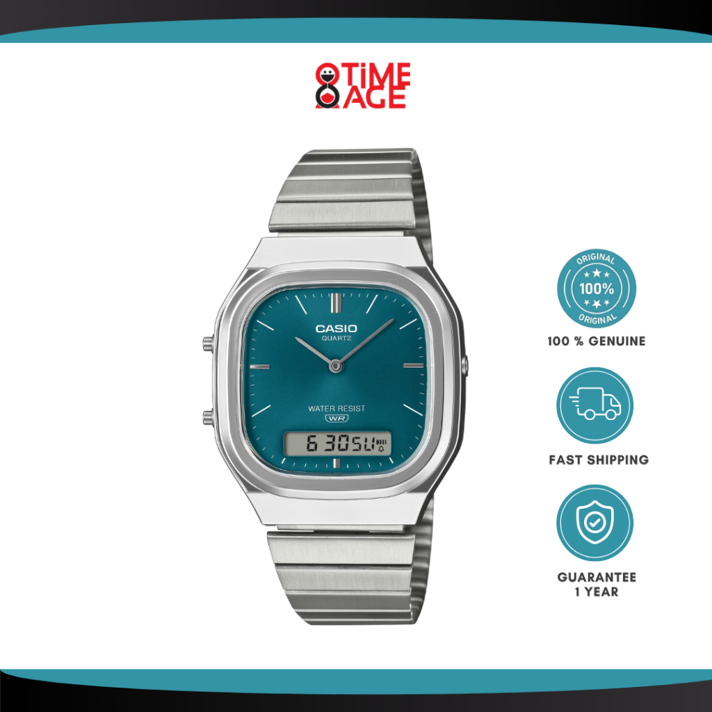 CASIO นาฬิกาข้อมือ CASIO รุ่น AQ-240E-3ADFของแท้ ประกันศูนย์ไทย (CT Gallery) 1 ปี สายสแตนเลส หน้าปัดสีเขียวน้ำทะเล