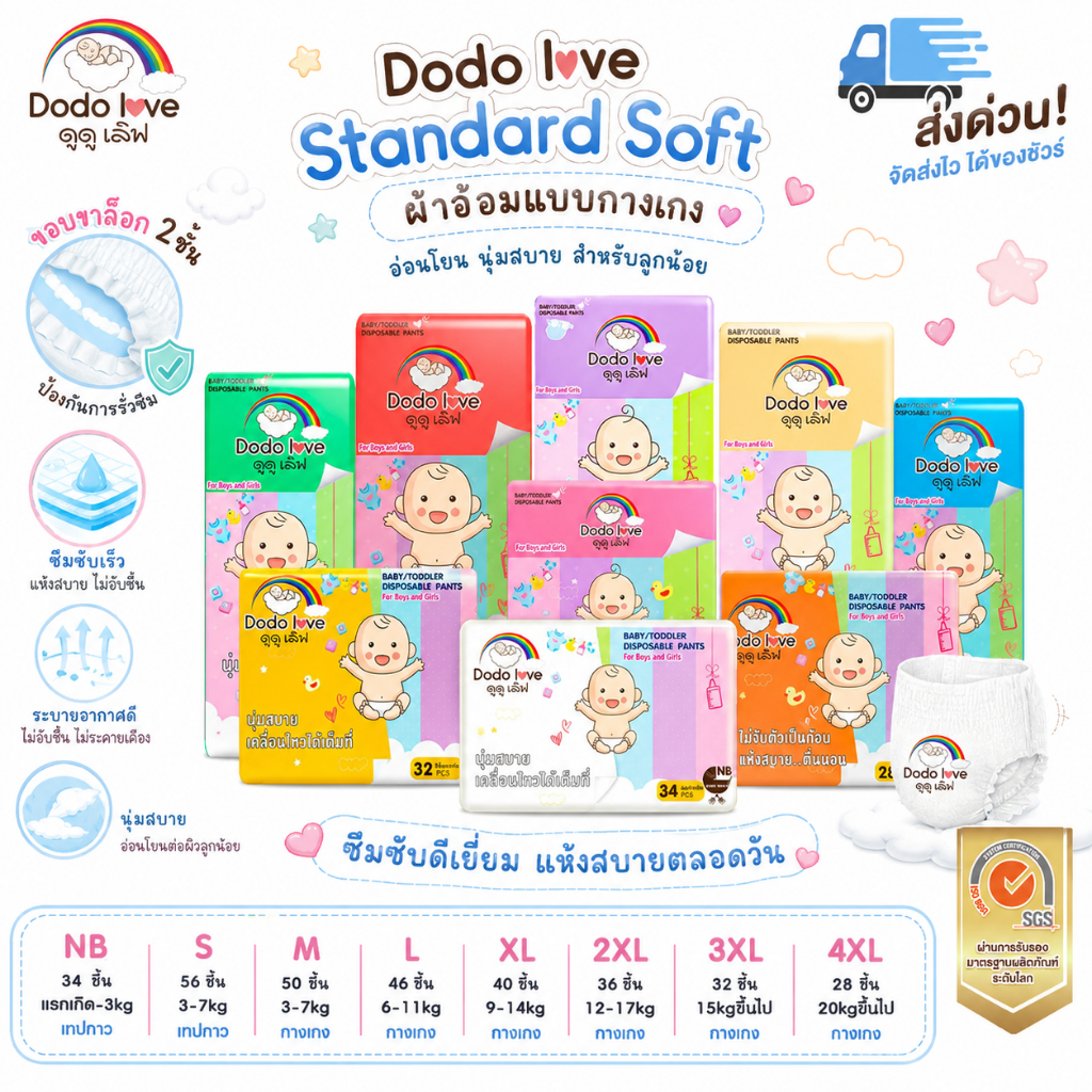ส่งด่วน LitteBaby X DoDolove Standard Soft กางเกงผ้าอ้อม (แพ็คเดี่ยว) ผ้าอ้อมสำเร็จรูป Size NB-4XL นุ่ม บางเบา ใส่สบาย