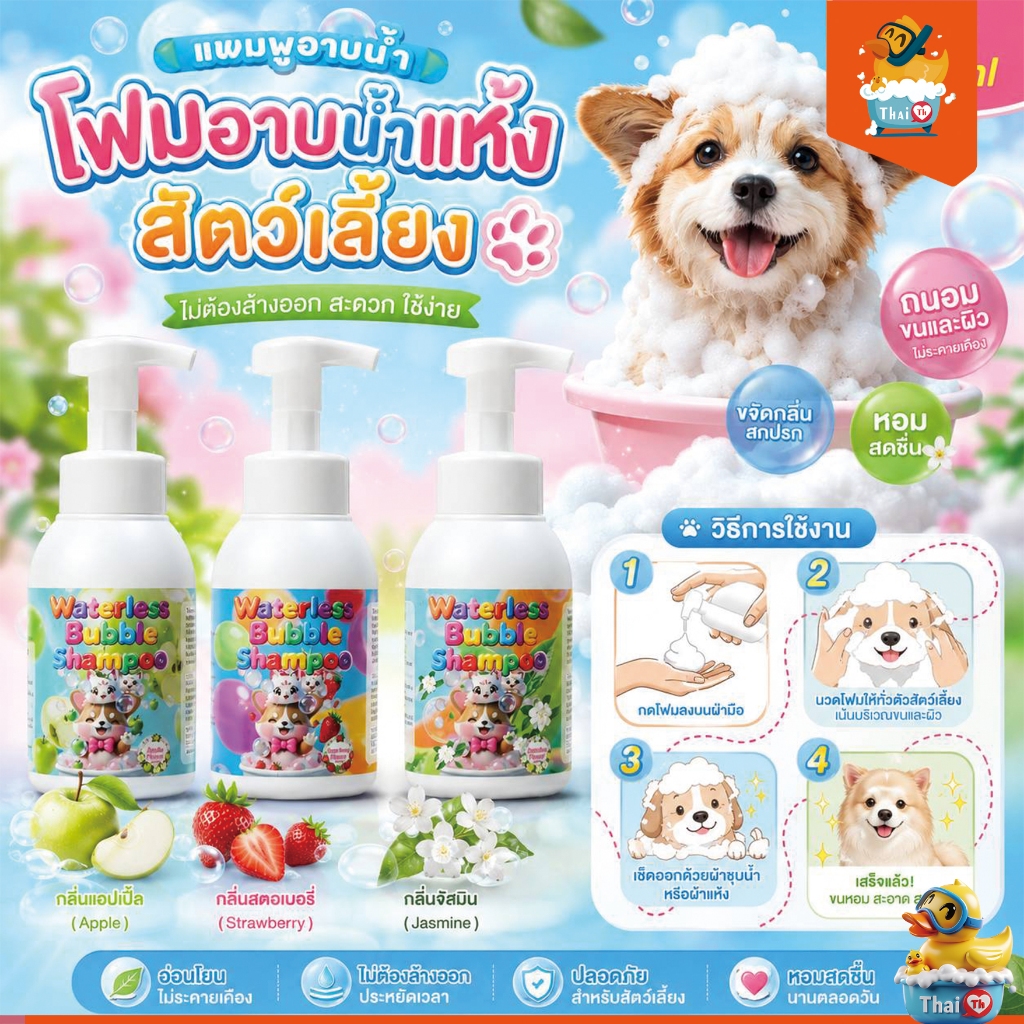 Thai.th โฟมอาบน้ำแห้งสัตว์เลี้ยง แชมพู อาบน้ํา สุนัข-แมว กลิ่นหอม  400ml Dry shampoo