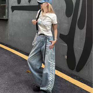 GHAOHES 🌻กางเกงยีนส์ขากว้างเอวสูง ดีไซน์โดดเด่น สไตล์เกาหลี ไม่มีความยืดหยุ่นJeans#6657-6658