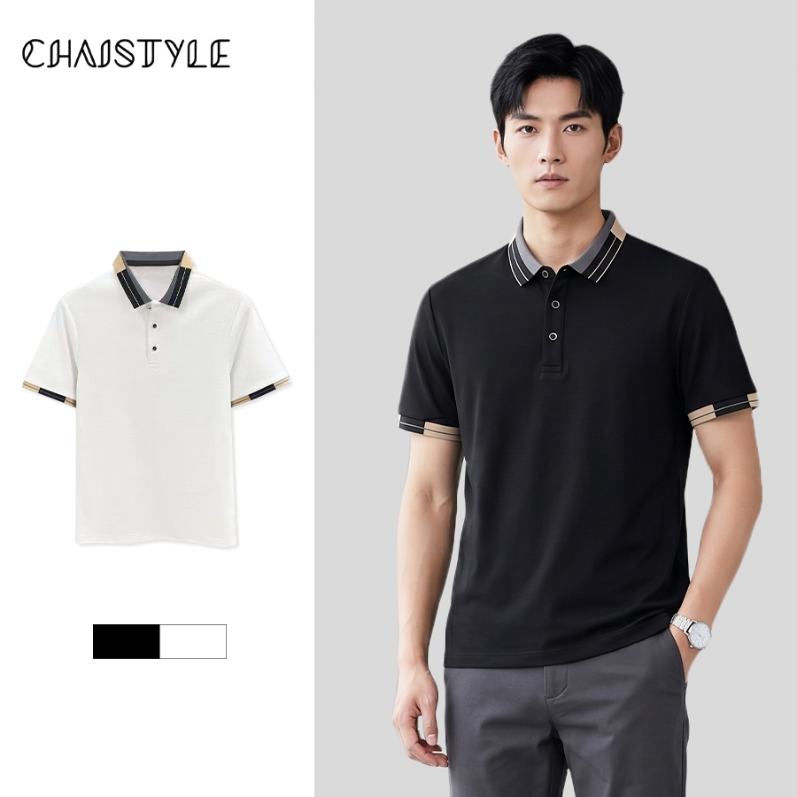 Chaistyle เสื้อโปโลรุ่นใหม่ ออกแบบปกคอ มีปุ่ม สีตัดกัน แขนสั้นสำหรับผู้ชาย ผ้าระบายอากาศ แฟชั่นสวมได้หลายแบบ หลวมและสบาย