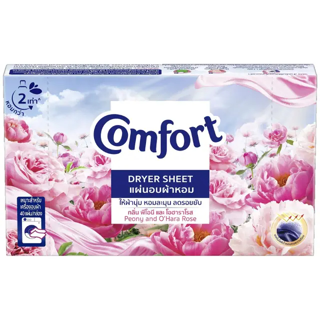 คอมฟอร์ท แผ่นอบผ้าหอมกลิ่นพีโอนีและโอฮาราโรส 40แผ่น Comfort Dryer Sheet Peony and OHara Rose 40sheet