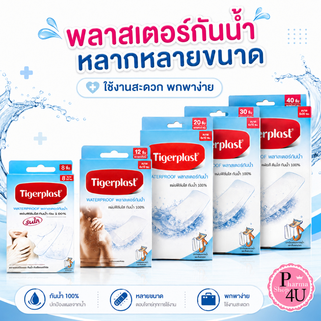Tigerplast พลาสเตอร์ปิดแผล แบบใส กันน้ำ มีหลายขนาด (WF,W1,W2,W3,W4, FIT)