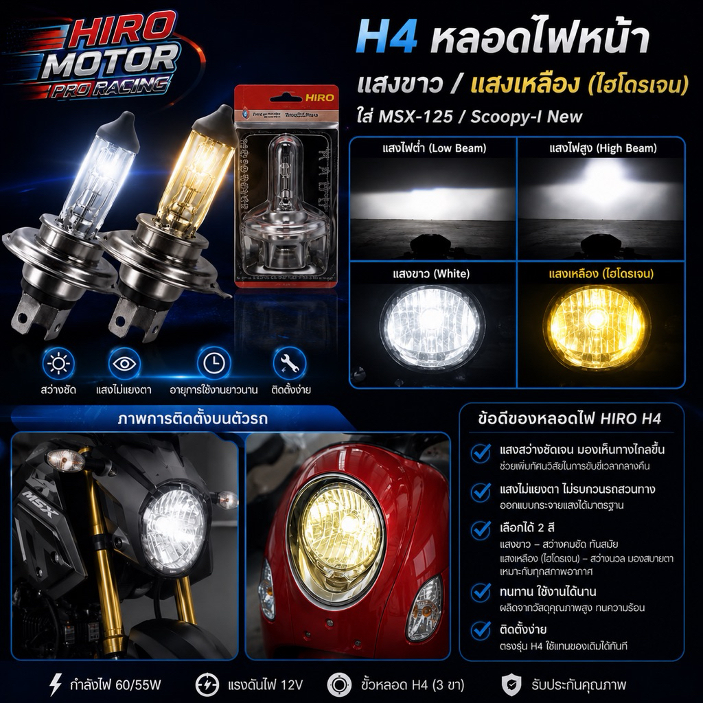 หลอดไฟหน้า H-4 หลอดสีฟ้า/หลอดสีใส ใส่ MSX-125 / Scoopy-I New ⛔ แสงไฟสีเหลืองทั้ง2 แบบ⛔
