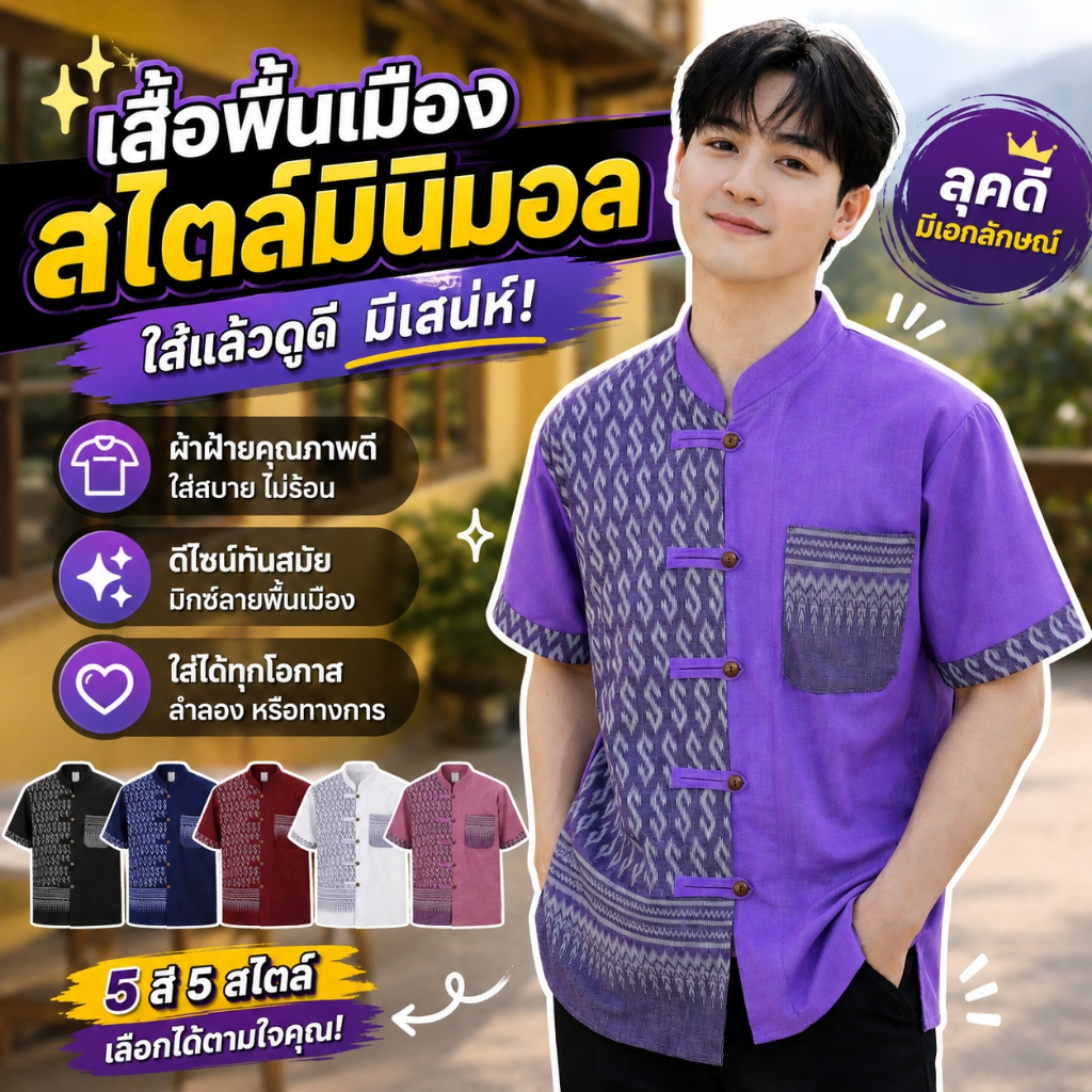 เสื้อผ้าฝ้าย - ผู้ชายลายตะขอไทย