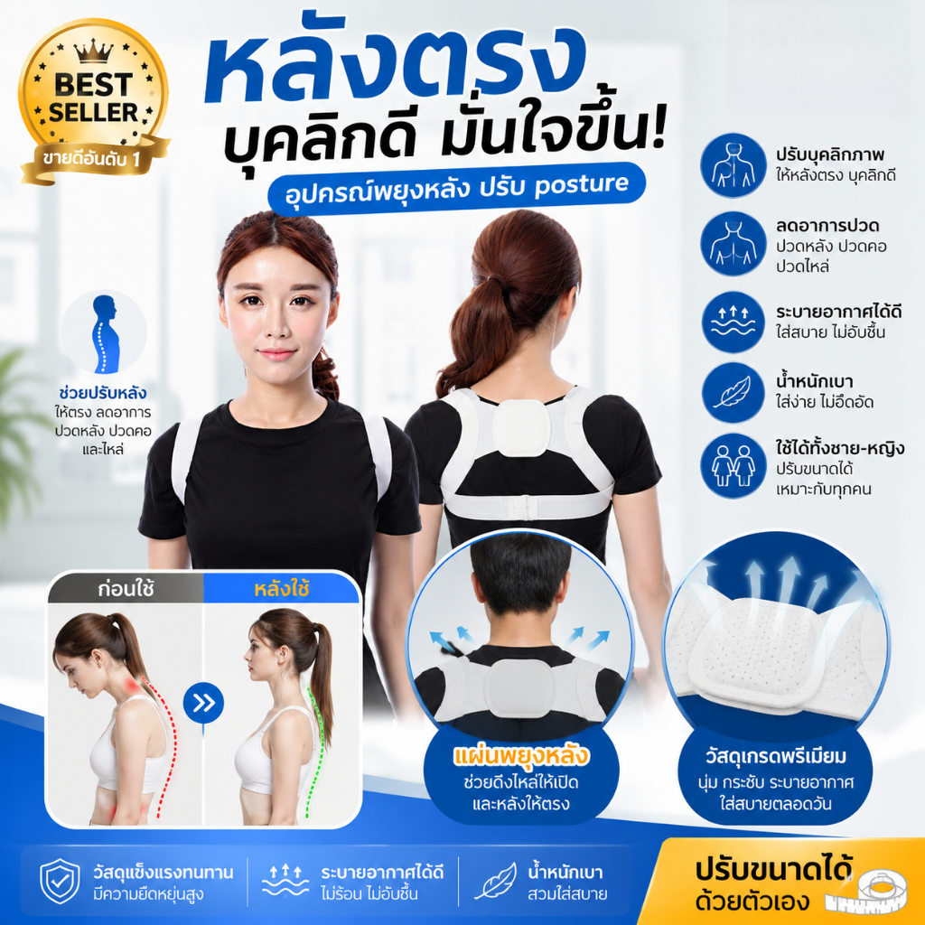 พยุงหลัง ปรับบุคลิก แก้หลังค่อม ใส่สบาย ระบายอากาศได้ดี