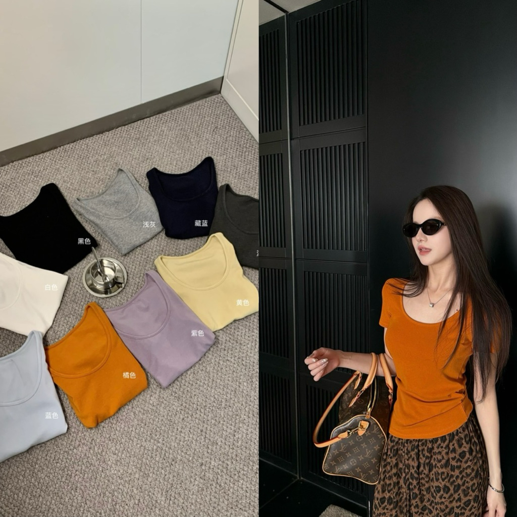 9654# เสื้อคอยู แขนสั้น เนื้อผ้ายืดหยุ่นได้เยอะ งานสวย TAG:WG.WE 🇰🇷