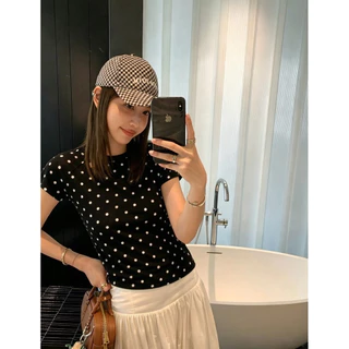 📍พร้อมส่ง📍9680 เสื้อคอกลมแขนสั้น ลาย polka dot เนื้อผ้าดี ทรงสวย TAG:WG.WE 🇰🇷