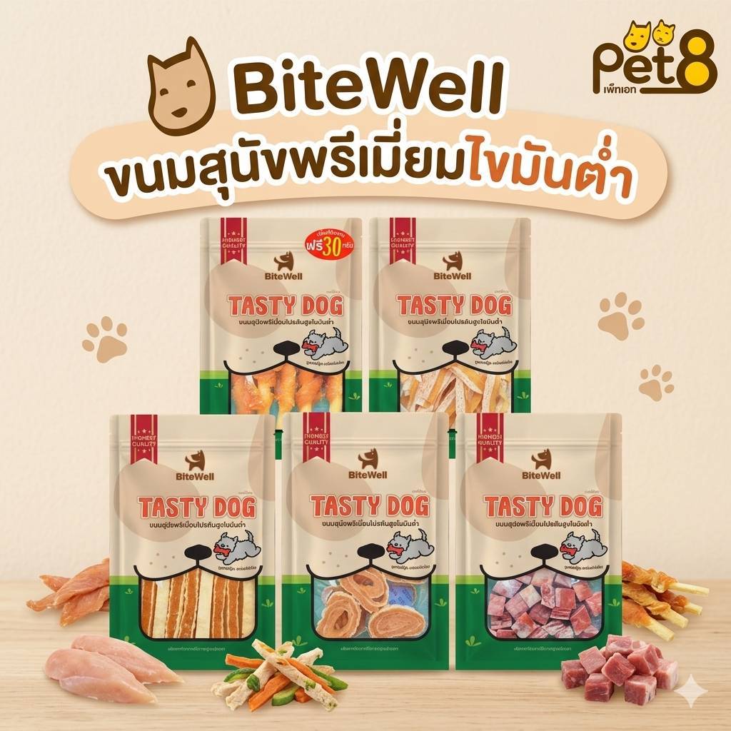 Pet8 1 Free 1 ขนมสุนัข Bitewell พรีเมี่ยมไขมันต่ำ ผลิตจากไก่สด superfood