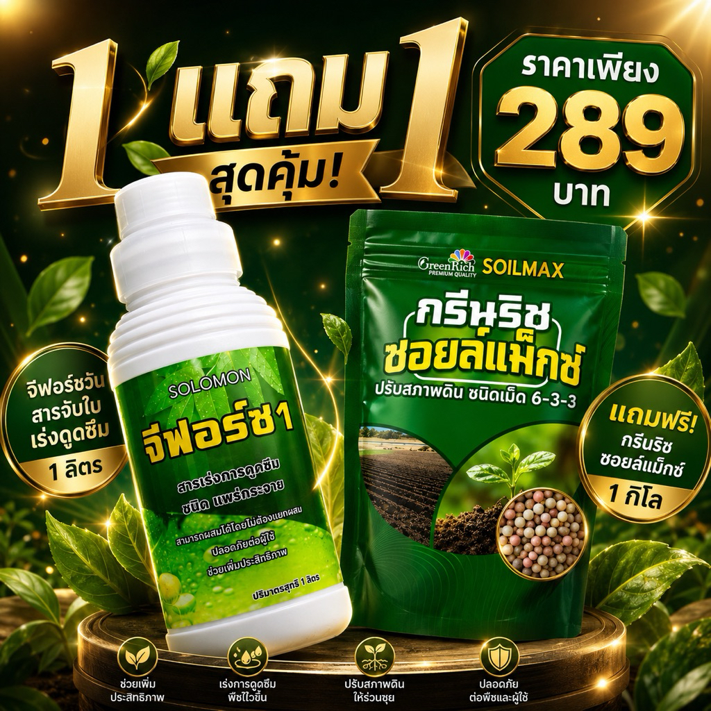 จีฟอร์ชวัน สารจับใบ เร่งดูดซึม 1 ลิตร + กรีนริช ซอยล์แม็กซ์ 1 กิโล สารจับใบ+บำรุงพืชพร้อมปรับสภาพดิน