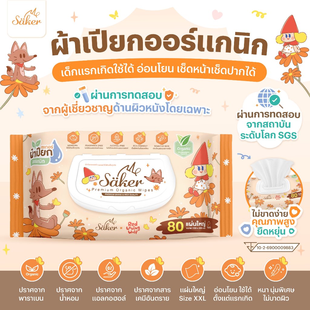Saker ผ้าเปียกออร์แกนิก (เกรดทดสอบแพทย์ผิวหนัง) เด็กแรกเกิดใช้ได้ อ่อนโยนเช็ดหน้าเช็ดปากได้ แผ่นใหญ่