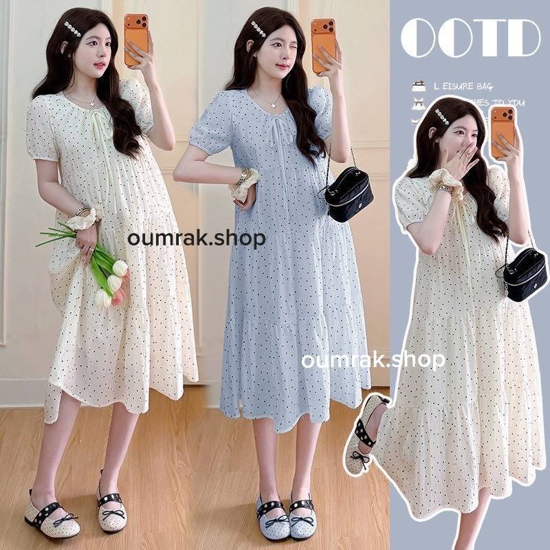 รหัส AA4743 เดรสแฟชั่น ผ้าชีฟอง พิมพ์ลายpolkadot คอเป็นสายผูกแบบรูด ผ้าเบาใส่สบาย มีสายผูกเอว  มีซับใน (งานแฟชั่น)