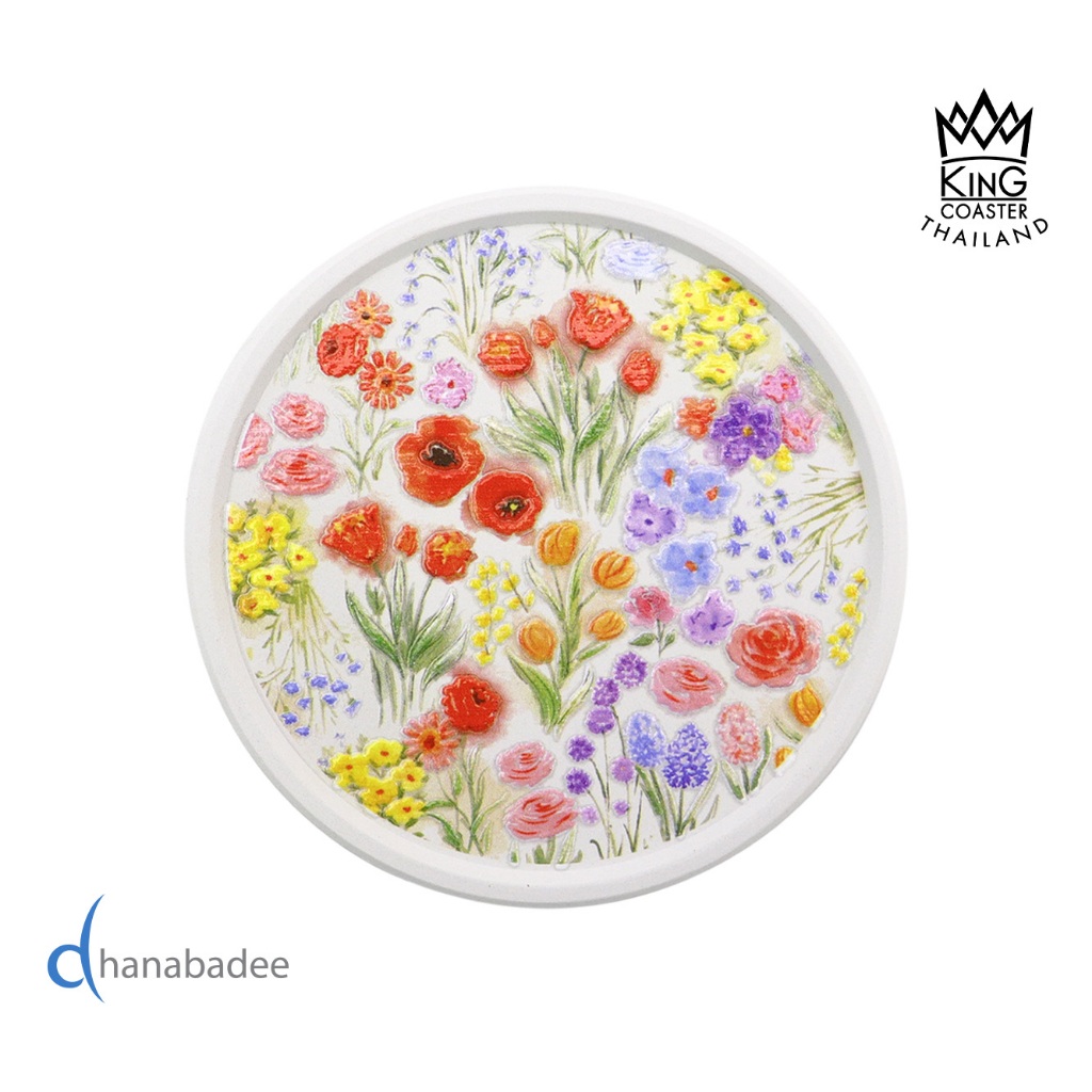 จานรองแก้วดูดน้ำ ทรงกลมมีขอบ R10158 ลาย FLOWER-13 ที่รองแก้ว ซับน้ำดี King Coaster  ธนบดี เซรามิค ceramic coaster ของฝาก