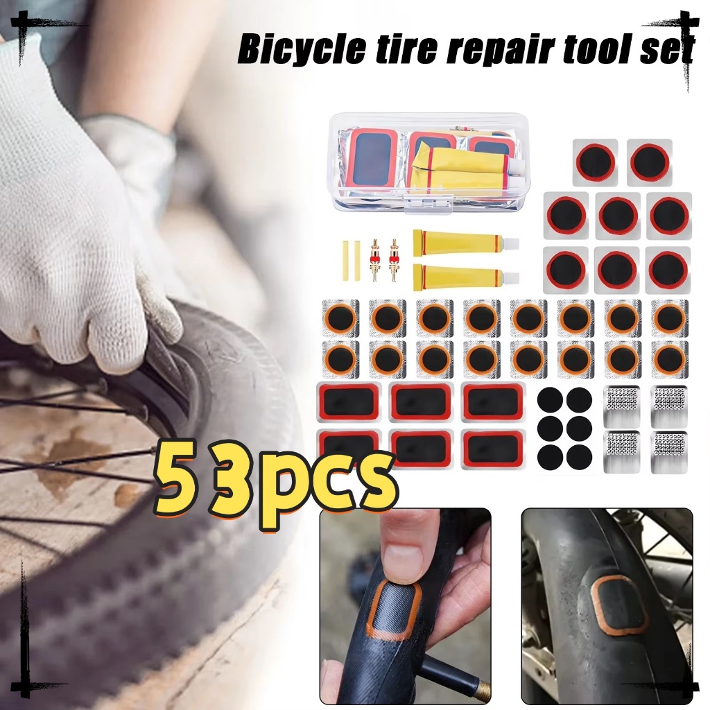 53pcs/set ชุดปะยาง ที่งัดยาง ชุดปะยางจักรยาน ฉุกเฉิน สำหรับจักรยาน กล่องเครื่องมือปะยาง รถมอเตอร์ไซน์ แผ่นปะยาง