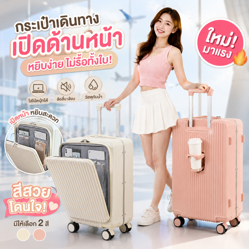 【RVMOWA】รับประกัน 1 ปี RVMOWA 20/24/28 กระเป๋าเดินทาง เปิดฝาหน้า ซิปสองชั้น ที่วางแก้วน้ำ มีระบบล็อครหัส TSA